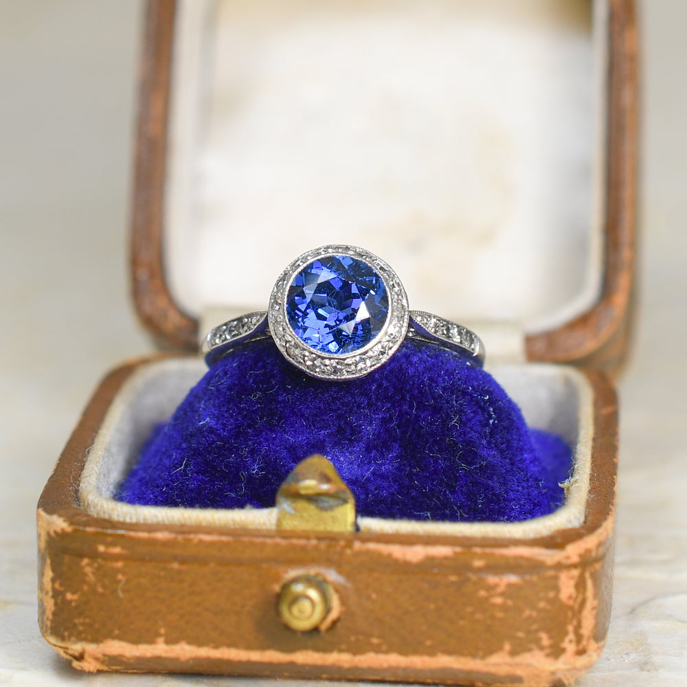 French Antique Sapphire & Diamond Platinum Cluster Ring