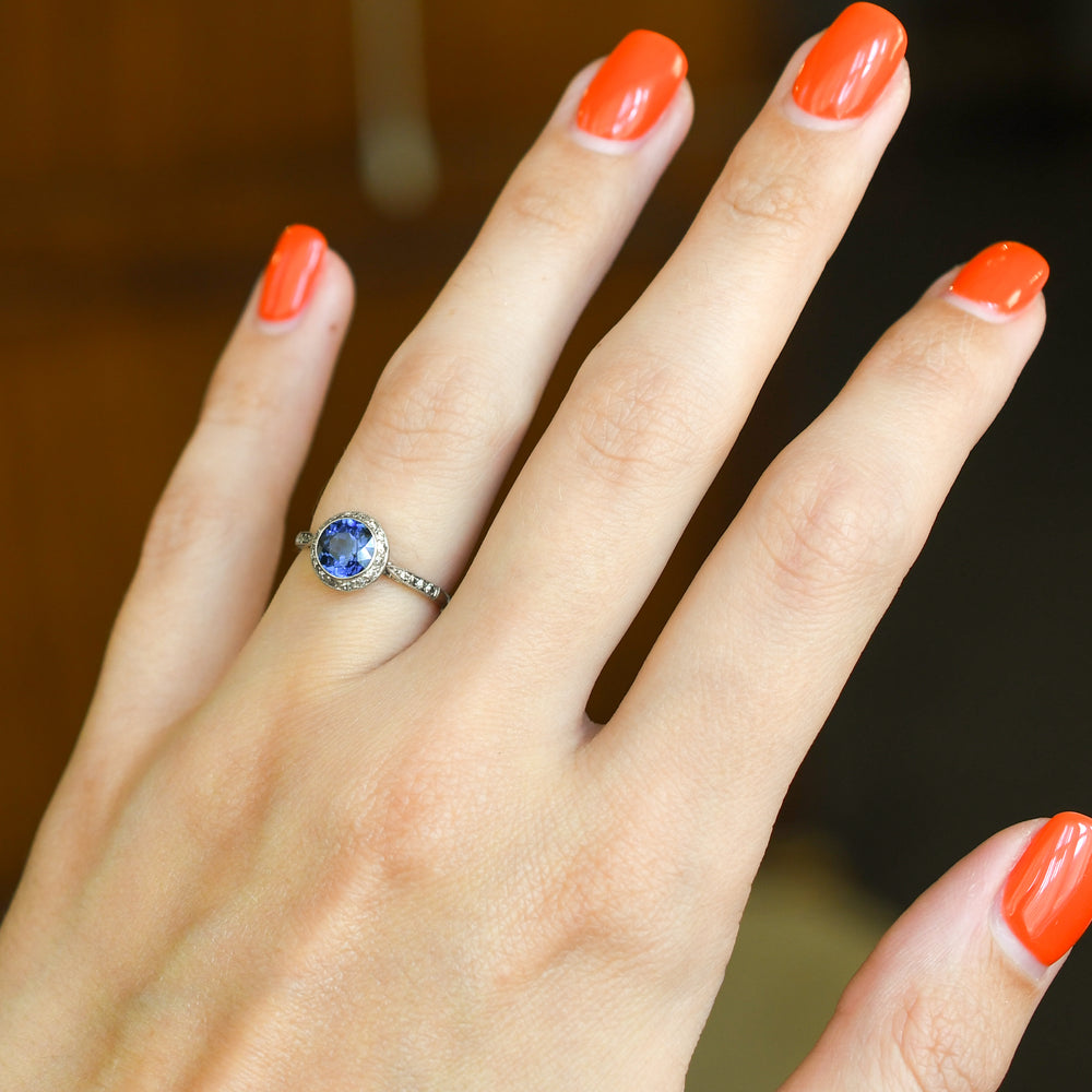 French Antique Sapphire & Diamond Platinum Cluster Ring