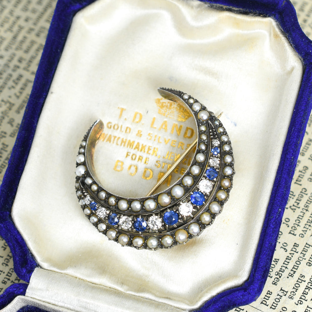 Boxed Victorian Sapphire, Diamond & Pearl Crescent Brooch
