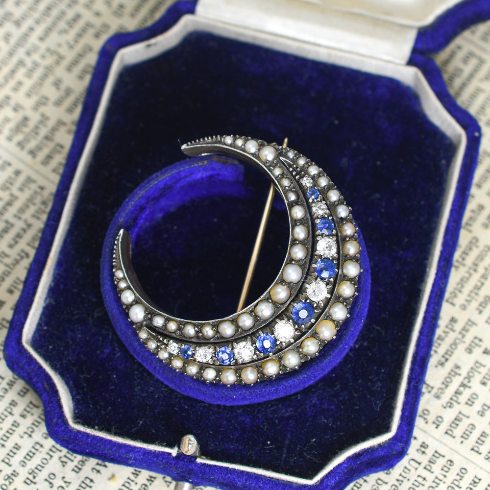 Boxed Victorian Sapphire, Diamond & Pearl Crescent Brooch
