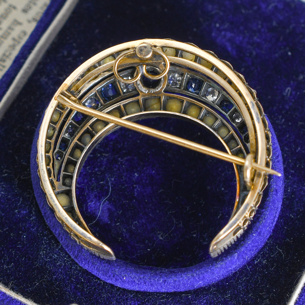 Boxed Victorian Sapphire, Diamond & Pearl Crescent Brooch