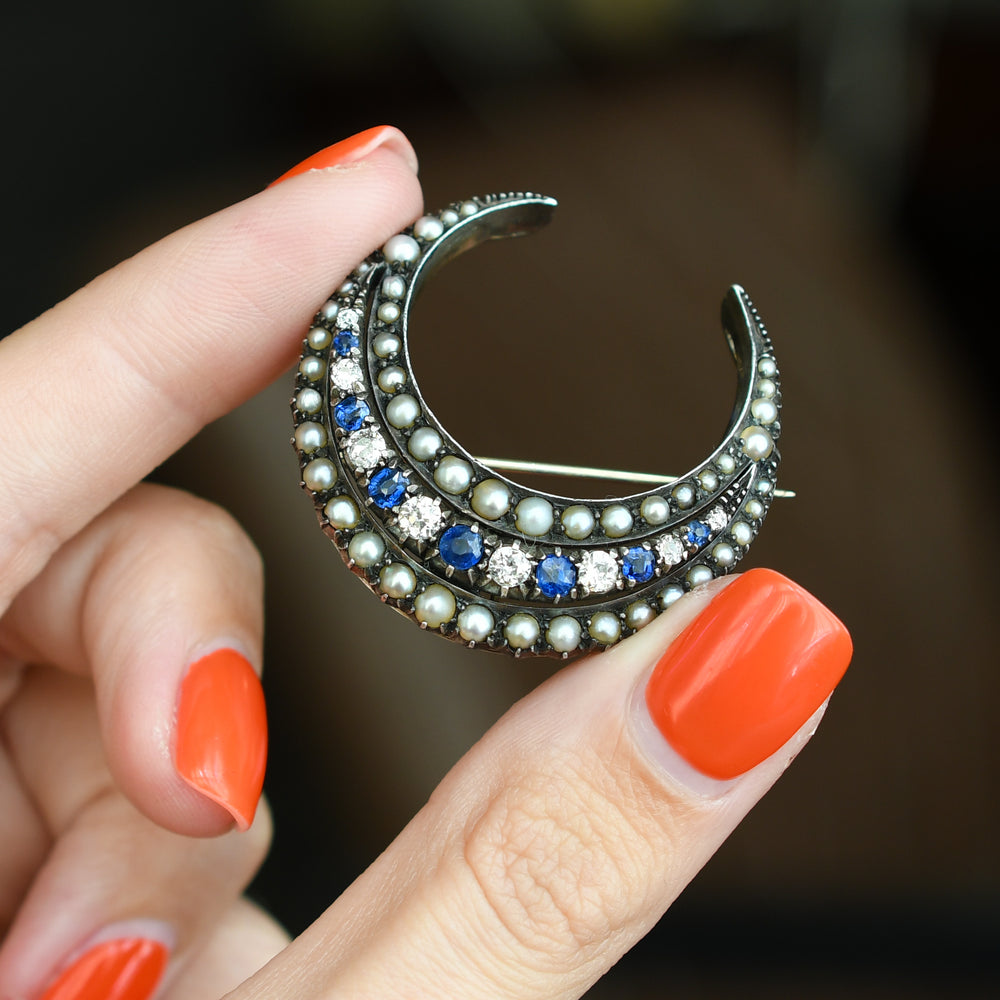 Boxed Victorian Sapphire, Diamond & Pearl Crescent Brooch