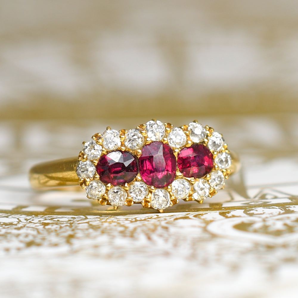Late Victorian 3-Stone Ruby & Diamond Cluster Ring