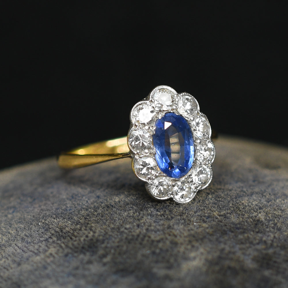 Edwardian Ceylon Sapphire & Diamond Daisy Cluster Ring