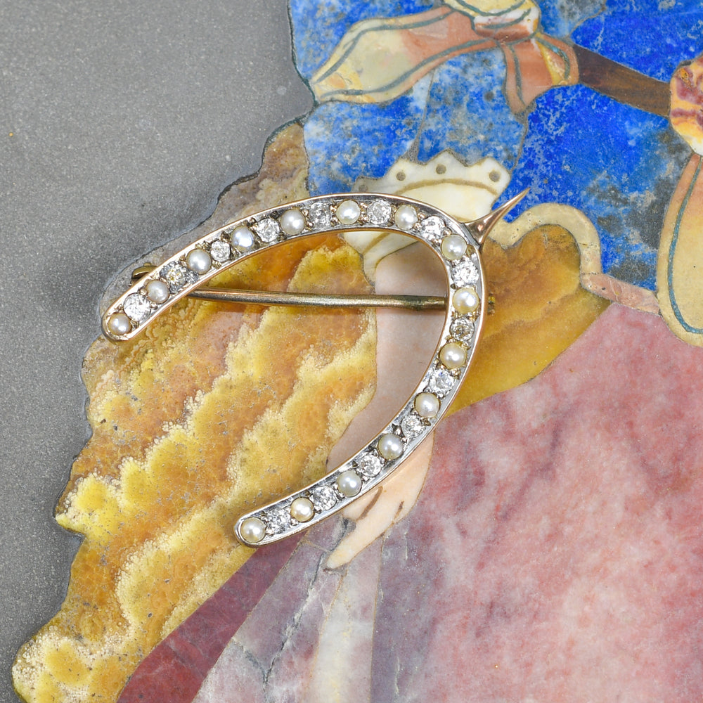 Edwardian Diamond & Pearl Lucky Wishbone Brooch