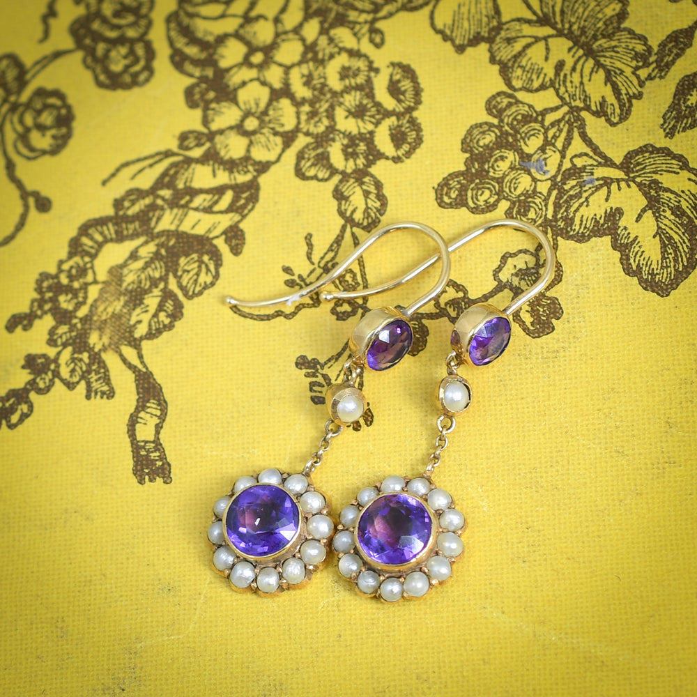 Edwardian Amethyst & Pearl Cluster Drop Earrings
