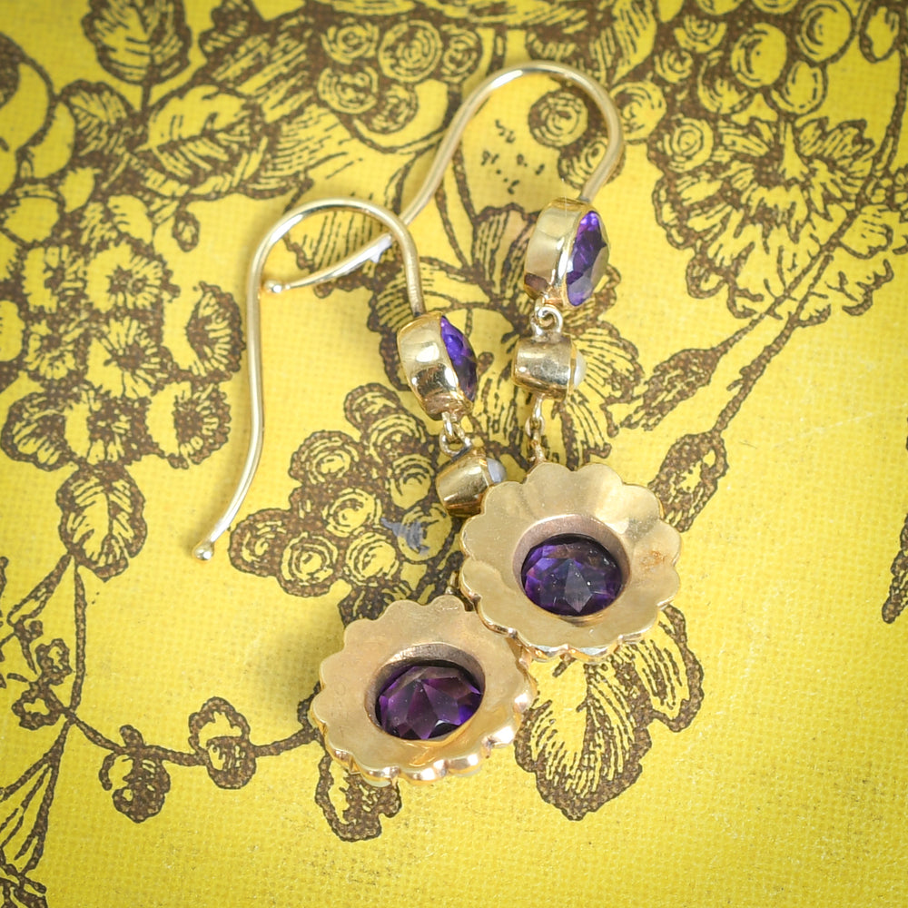 Edwardian Amethyst & Pearl Cluster Drop Earrings