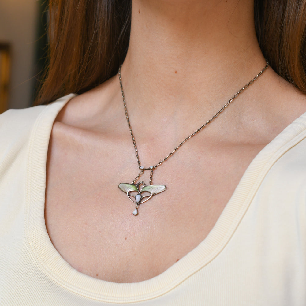 French Art Nouveau Opal & Enamel Silver Necklace