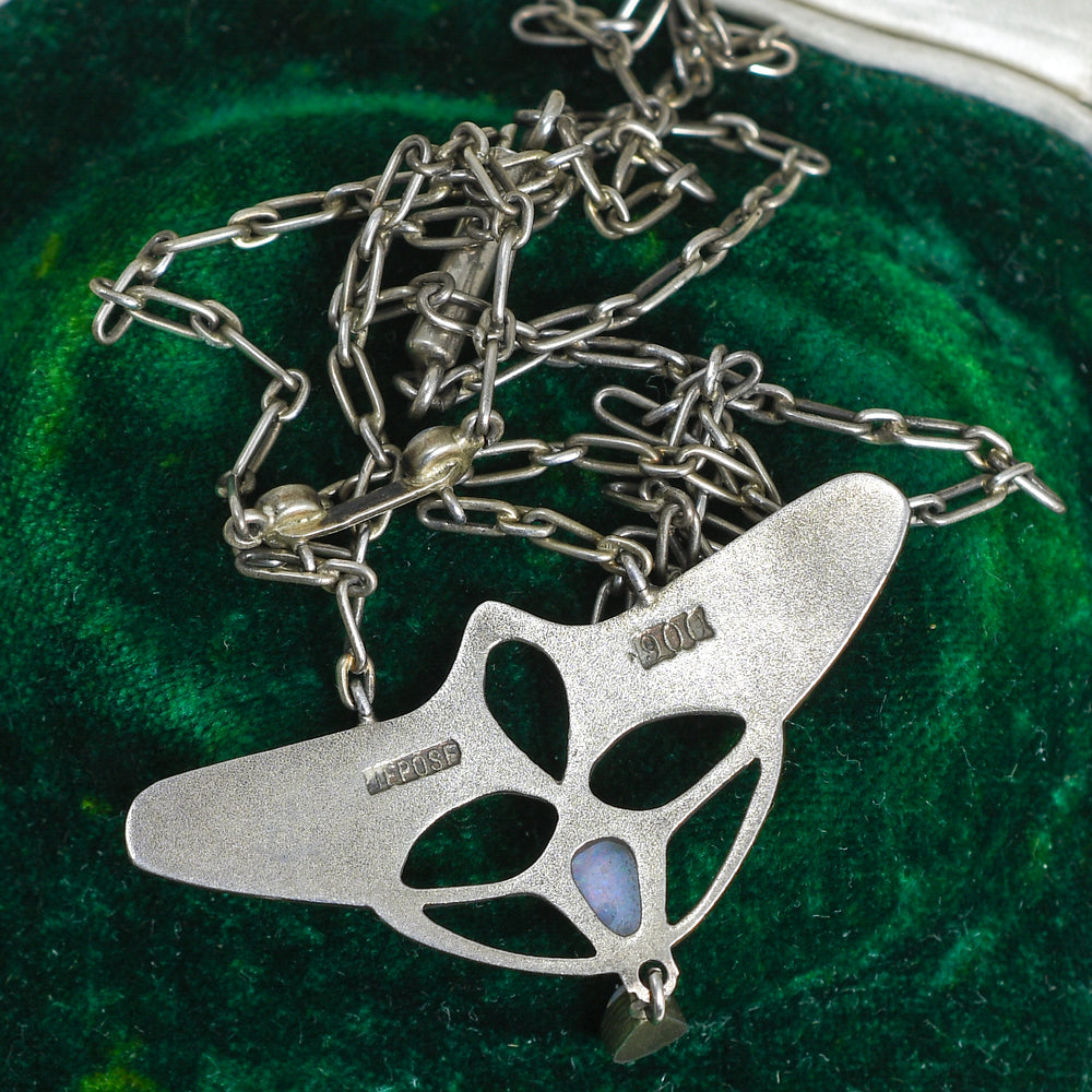 French Art Nouveau Opal & Enamel Silver Necklace