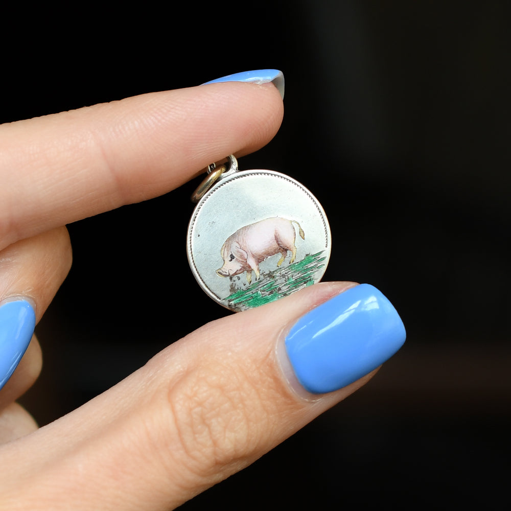 Antique French Enamel Lucky Pig Charm