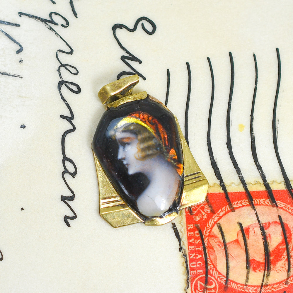 1920's French Limoges Enamel Portrait Pendant