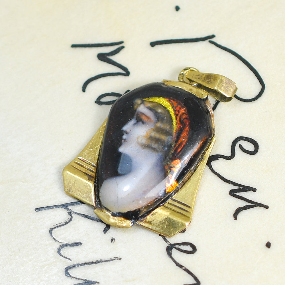 1920's French Limoges Enamel Portrait Pendant