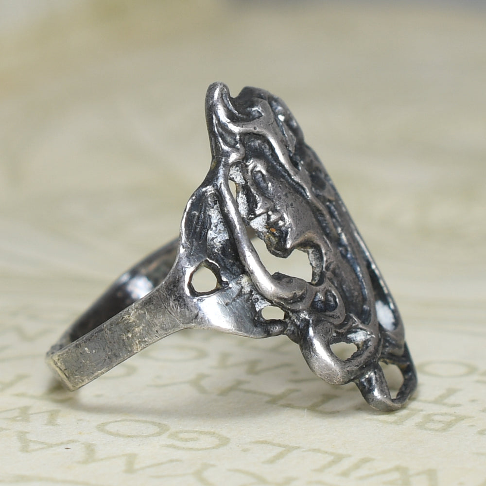 Art Nouveau Sterling Silver Maidens Head Ring