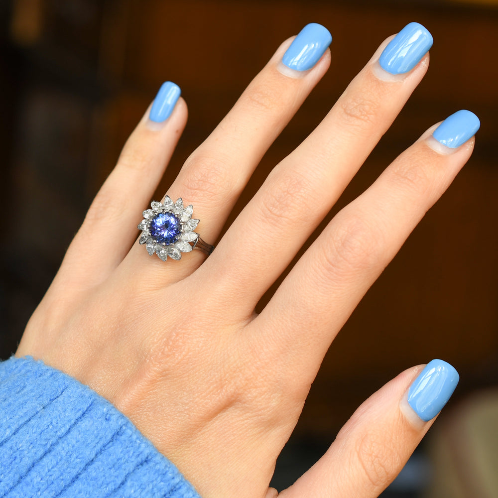 Vintage 2.23ct Tanzanite & Diamond Flower Cluster Ring