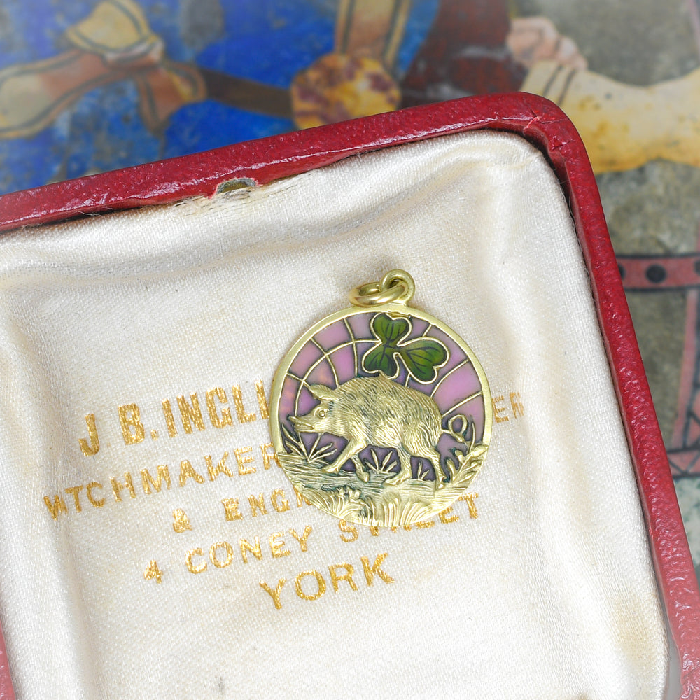 Antique Plique-à-Jour Enamel Lucky Pig Charm