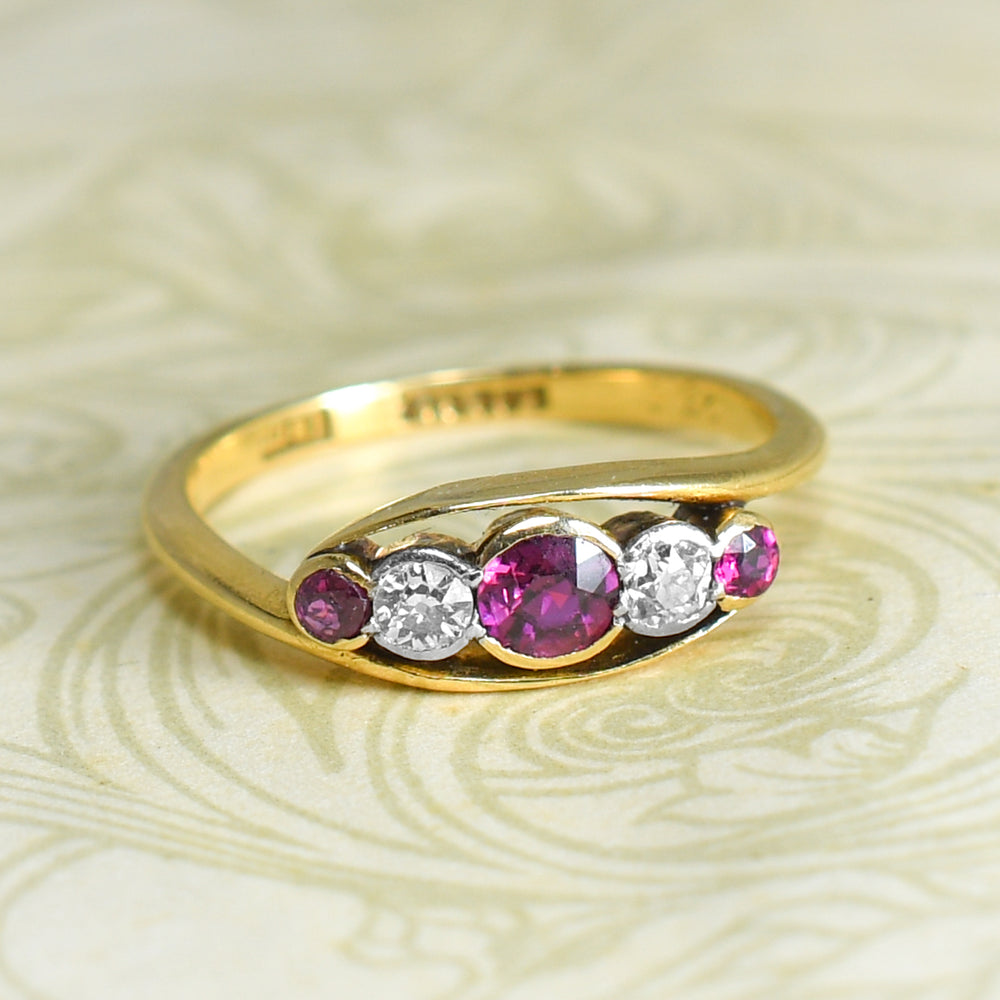 Art Nouveau Ruby & Diamond 5-Stone Crossover Ring
