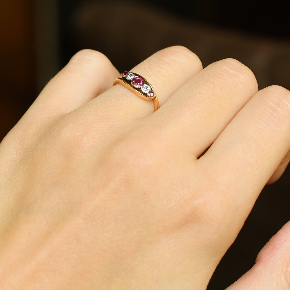 Art Nouveau Ruby & Diamond 5-Stone Crossover Ring