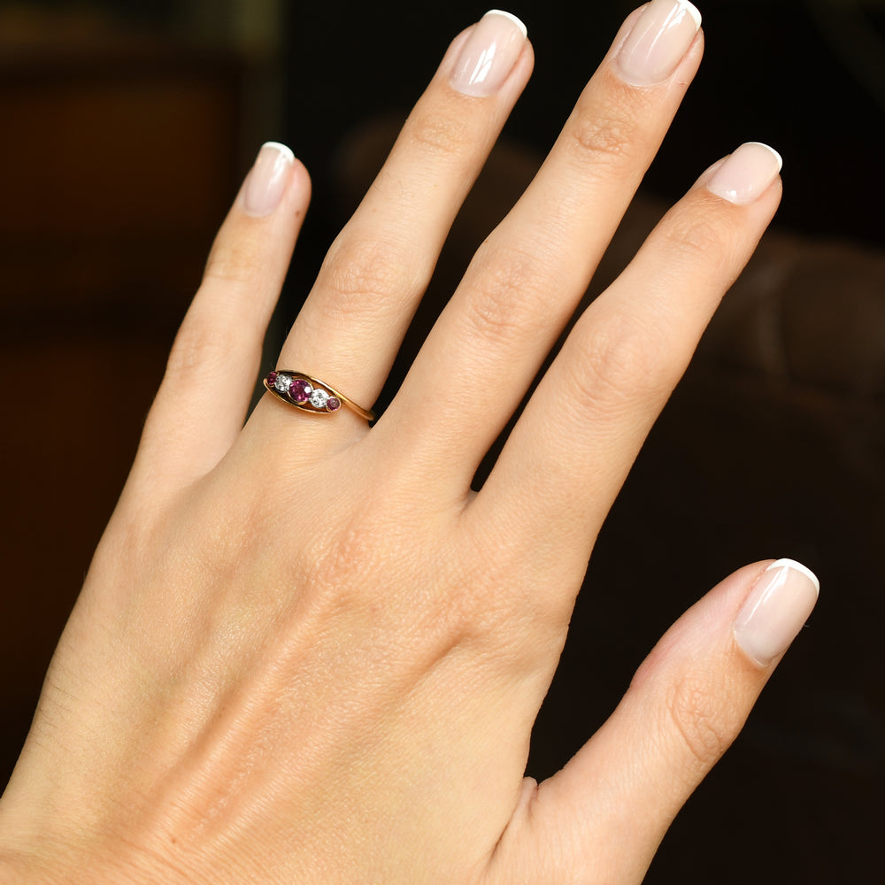 Art Nouveau Ruby & Diamond 5-Stone Crossover Ring
