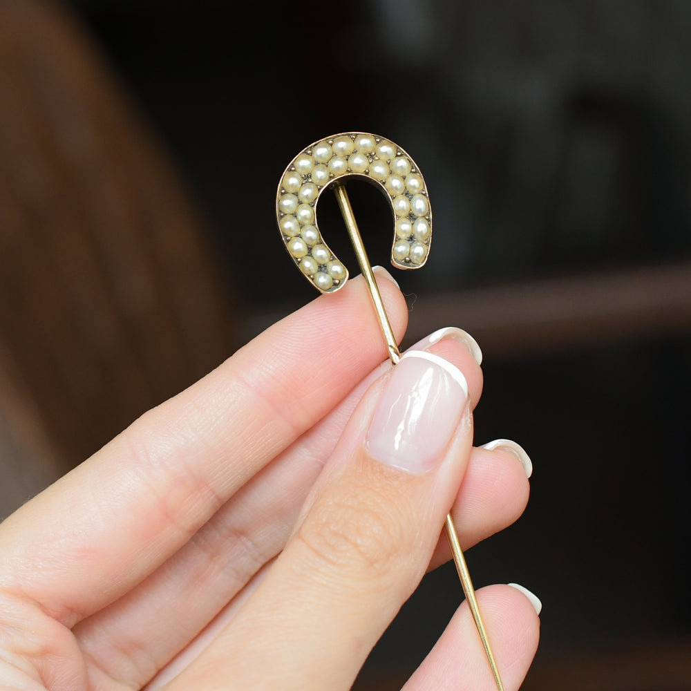 Victorian Boxed Pearl Lucky Horseshoe Stick Pin