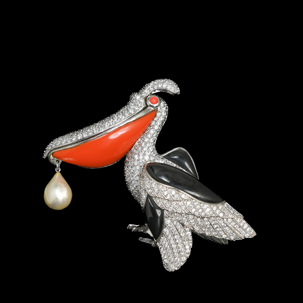 1930's Pearl & Paste Stone Pelican Brooch
