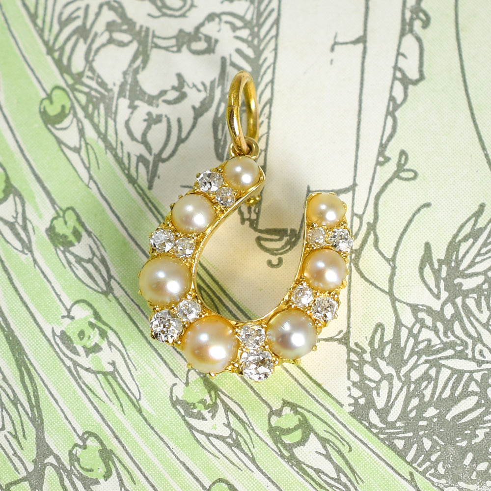 Antique Diamond & Pearl Lucky Horseshoe Pendant