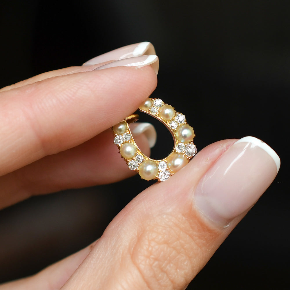 Antique Diamond & Pearl Lucky Horseshoe Pendant