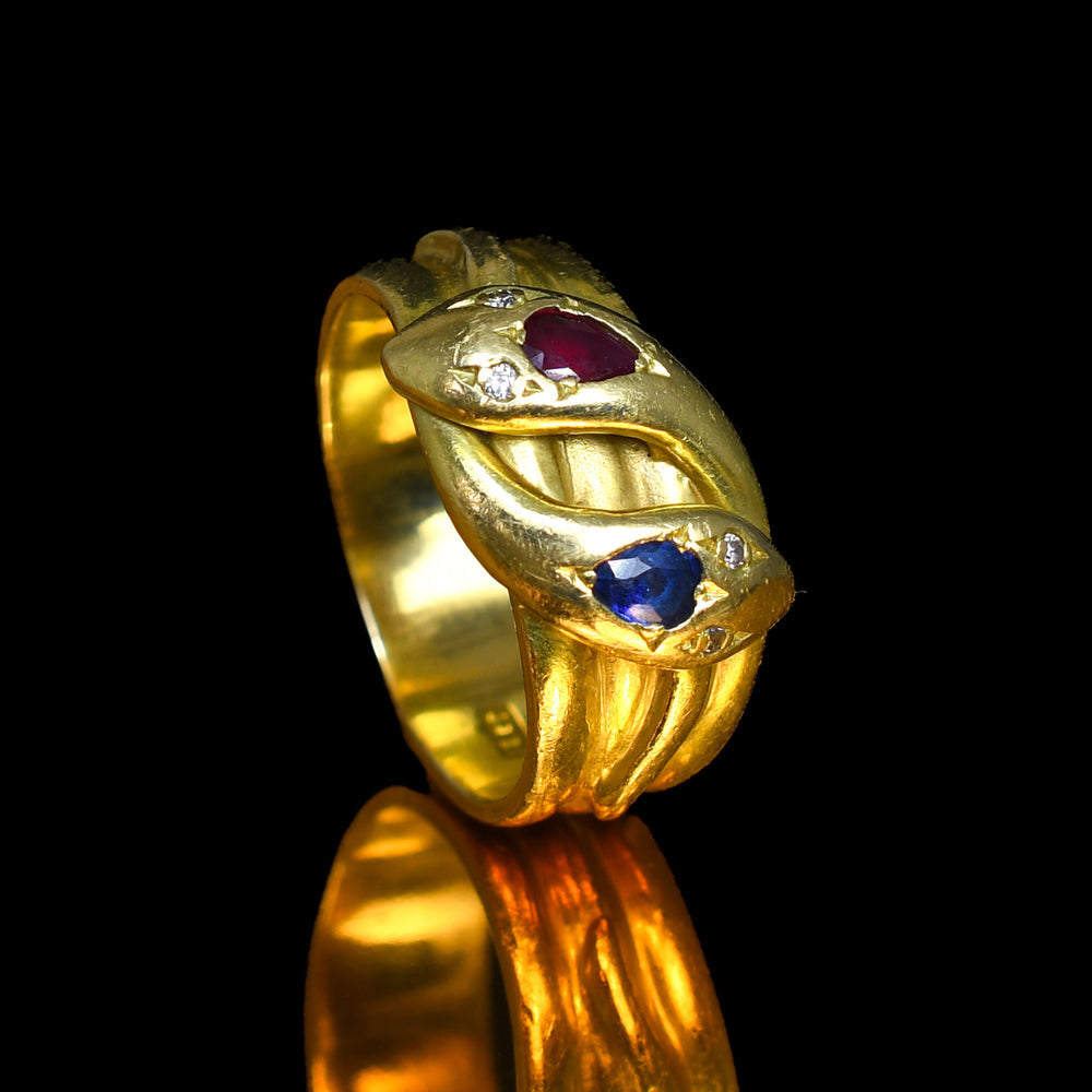 Victorian Burma Sapphire, Ruby & Diamond Double Snake Ring