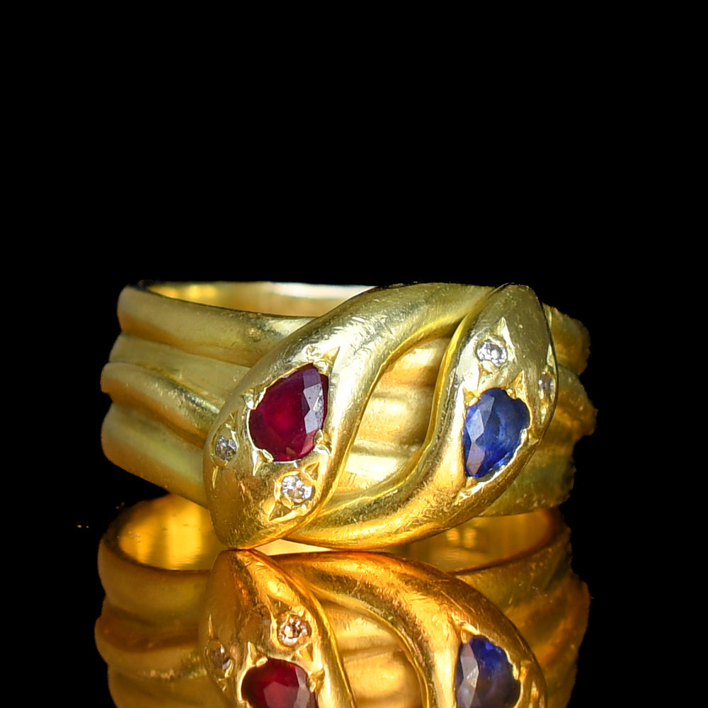 Victorian Burma Sapphire, Ruby & Diamond Double Snake Ring