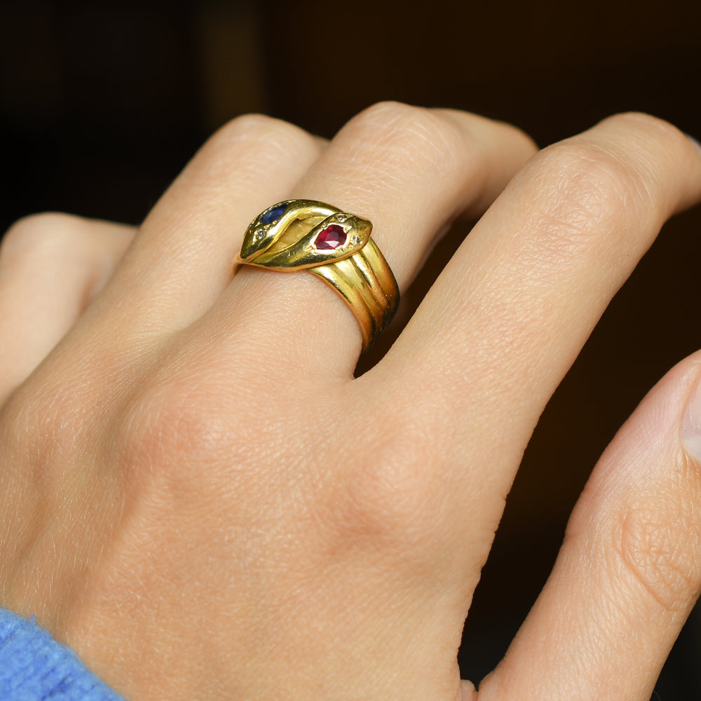 Victorian Burma Sapphire, Ruby & Diamond Double Snake Ring