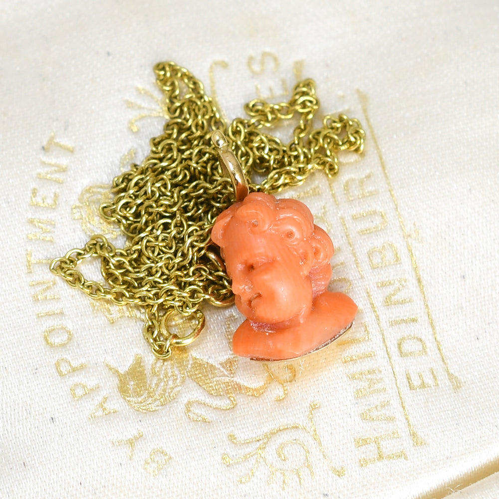 Antique Coral Cherub Charm & Chain