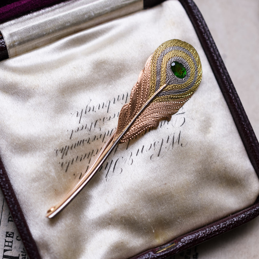 Edwardian Demantoid Garnet Peacock Feather Brooch