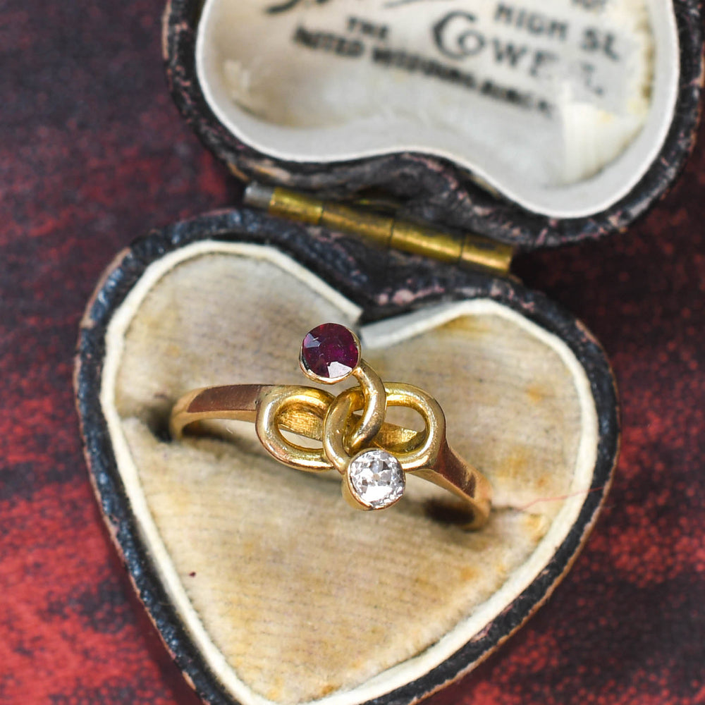 Art Nouveau Ruby & Diamond Lover's Knot Twist Ring
