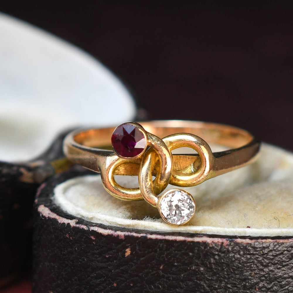 Art Nouveau Ruby & Diamond Lover's Knot Twist Ring