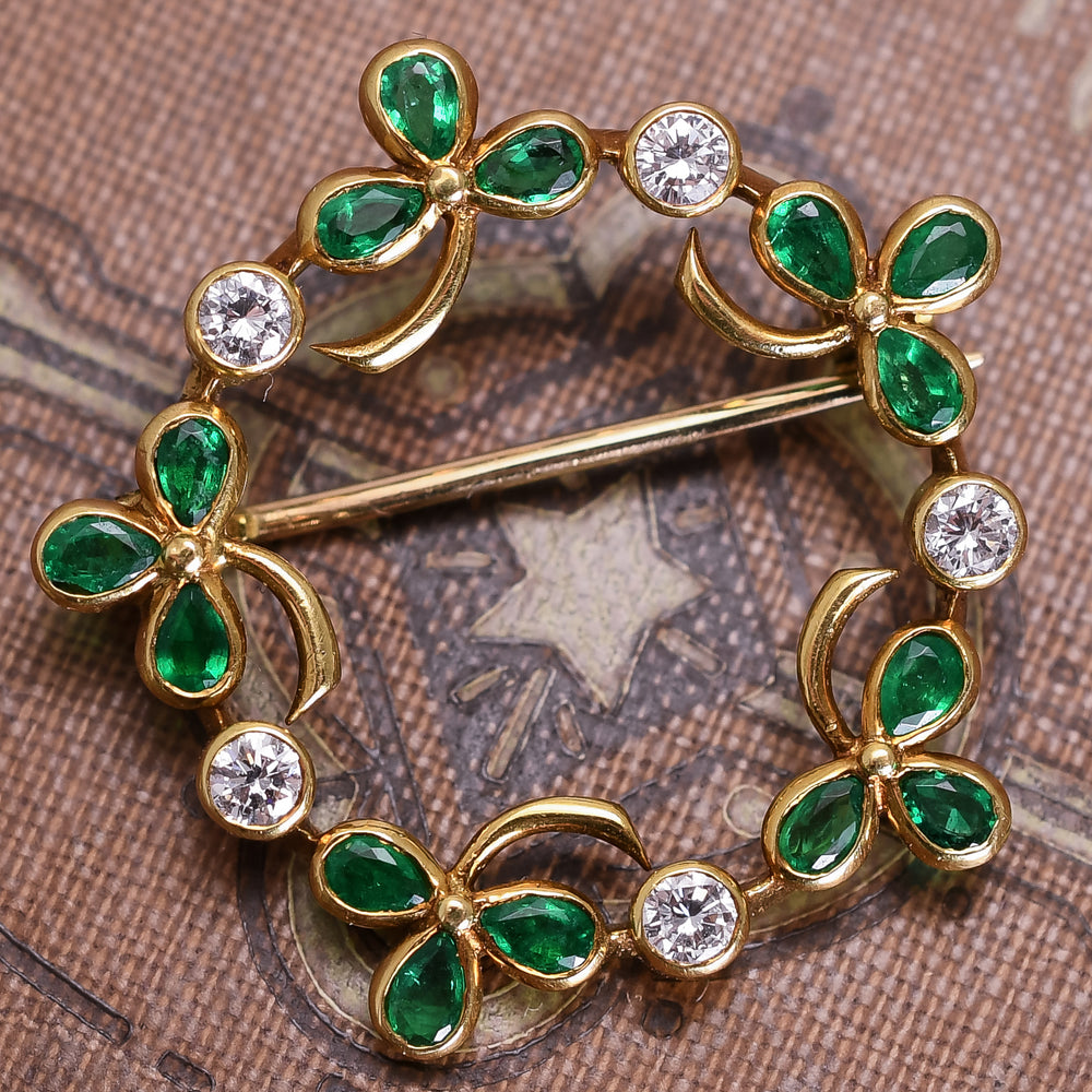 Vintage Emerald & Diamond Clover Wreath Brooch