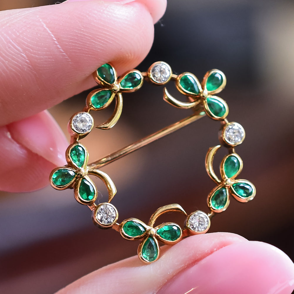 Vintage Emerald & Diamond Clover Wreath Brooch