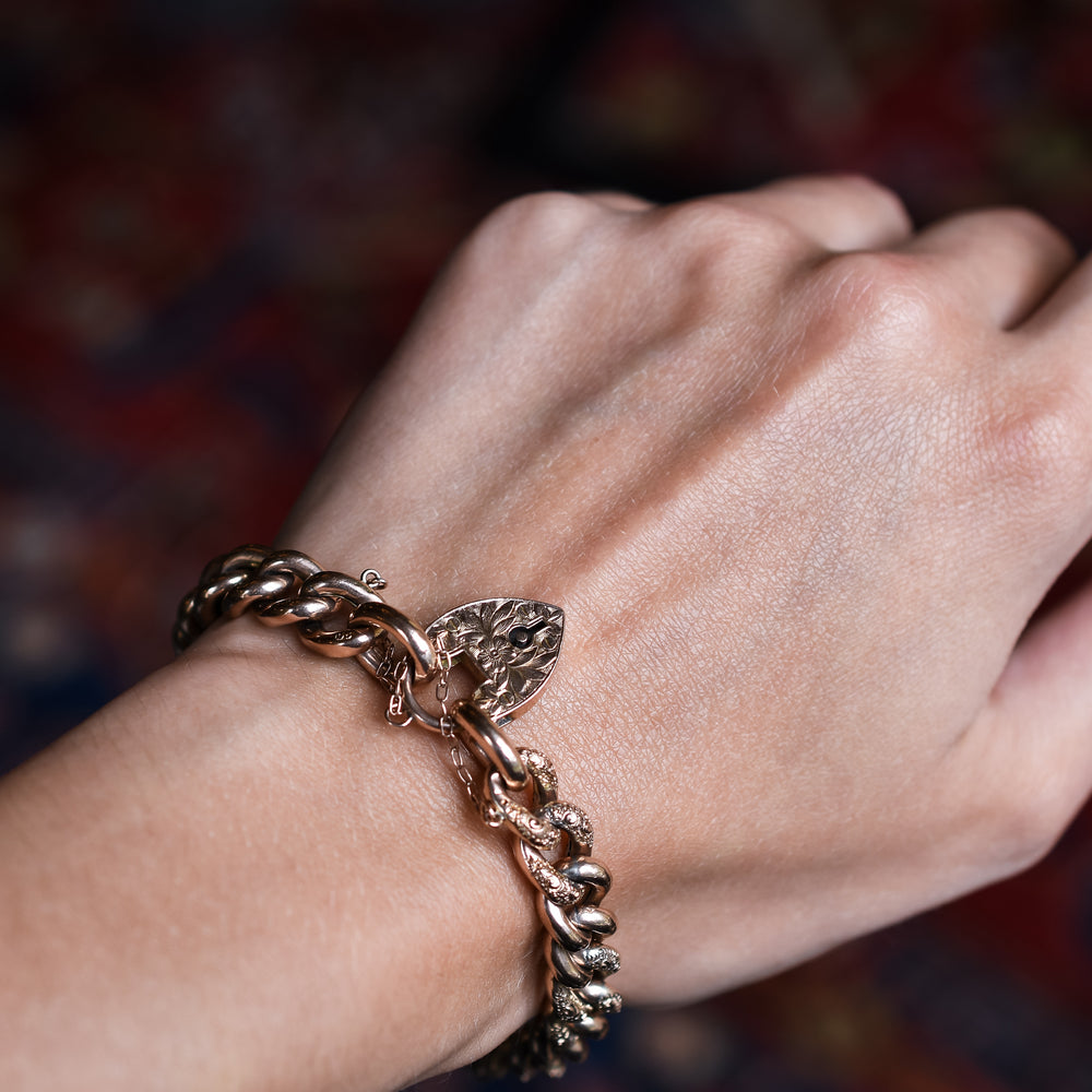 Edwardian Rose Gold Curb-Link Heart Padlock Bracelet