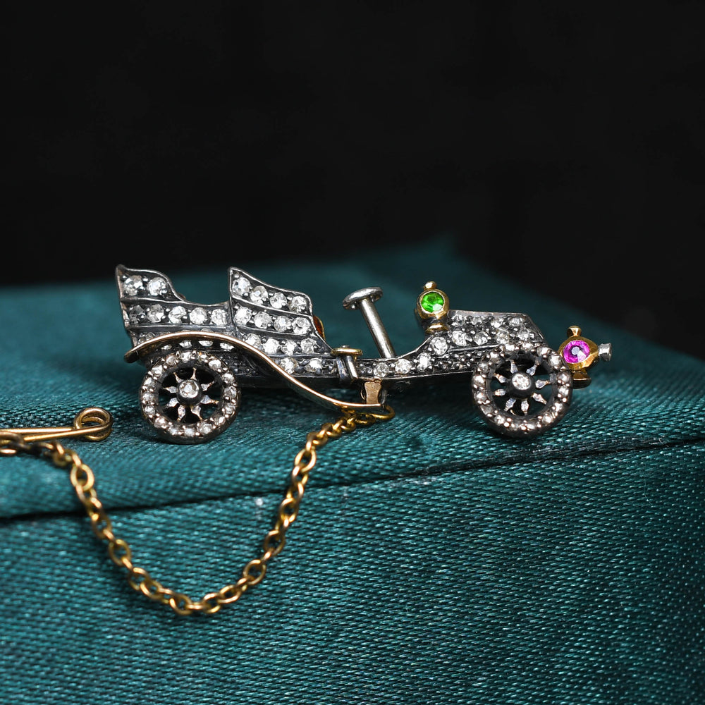 Victorian Diamond, Ruby & Demantoid Garnet Classic Car Brooch
