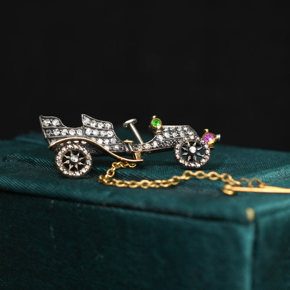 Victorian Diamond, Ruby & Demantoid Garnet Classic Car Brooch
