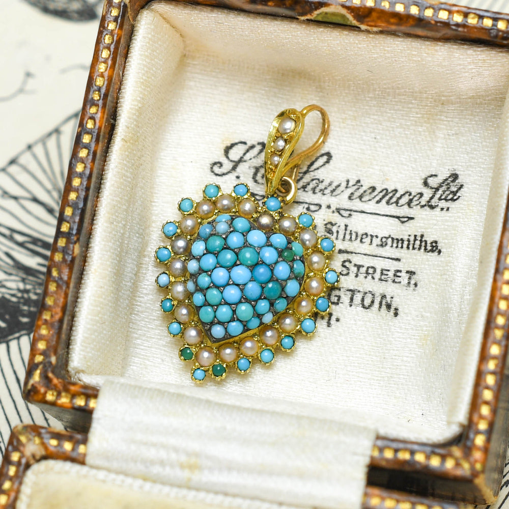Edwardian Turquoise & Pearl Heart Locket Pendant