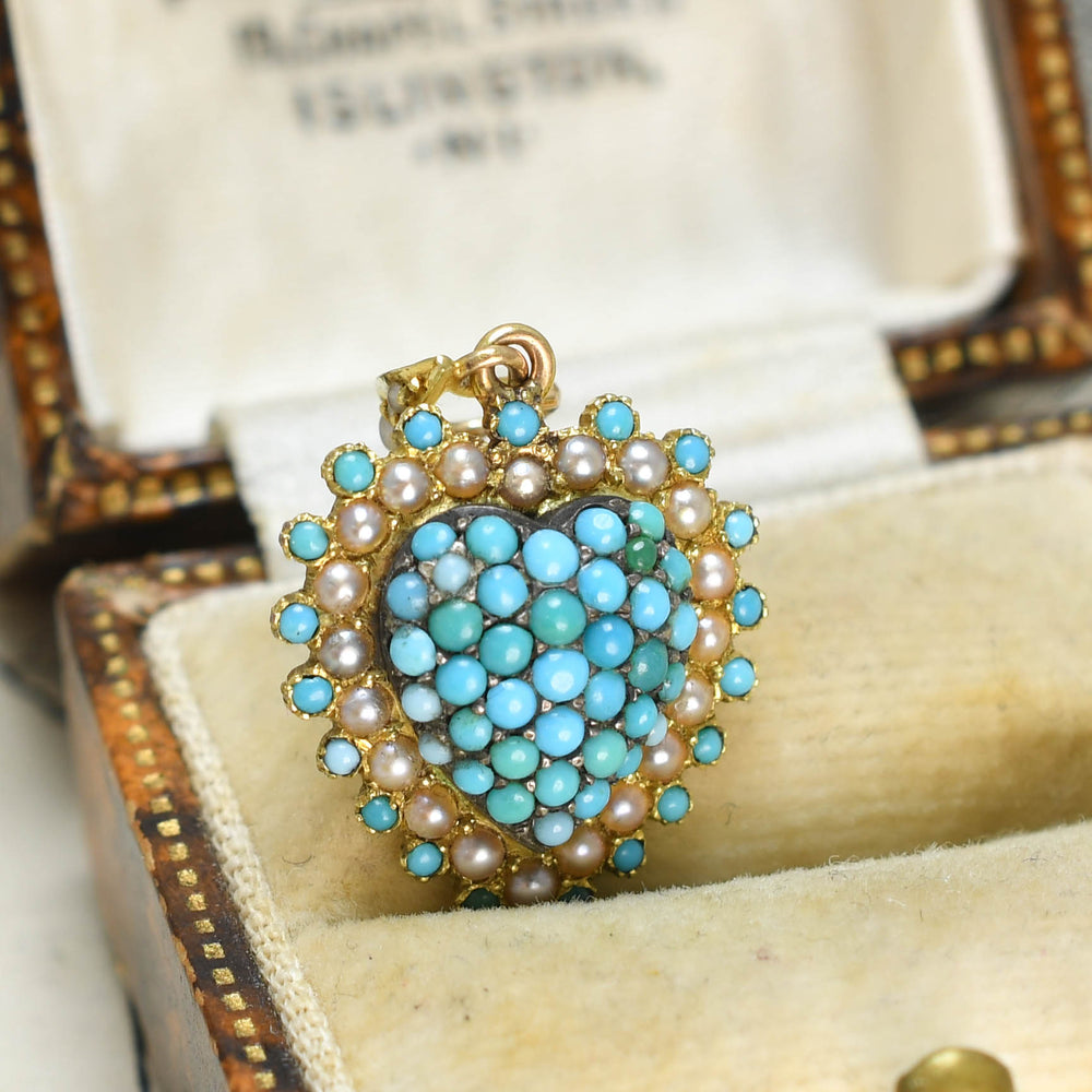 Edwardian Turquoise & Pearl Heart Locket Pendant