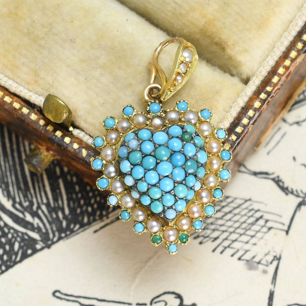 Edwardian Turquoise & Pearl Heart Locket Pendant