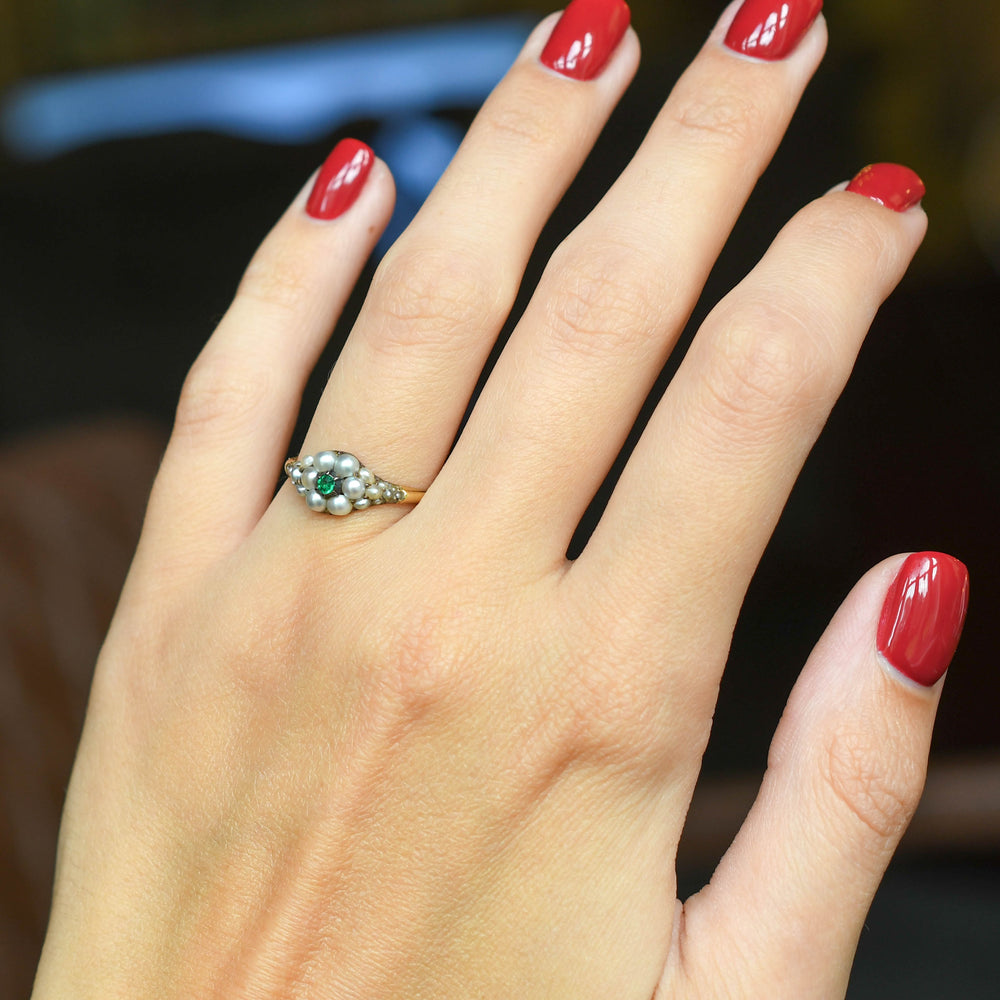 Georgian Emerald & Pearl Cluster Locket Ring