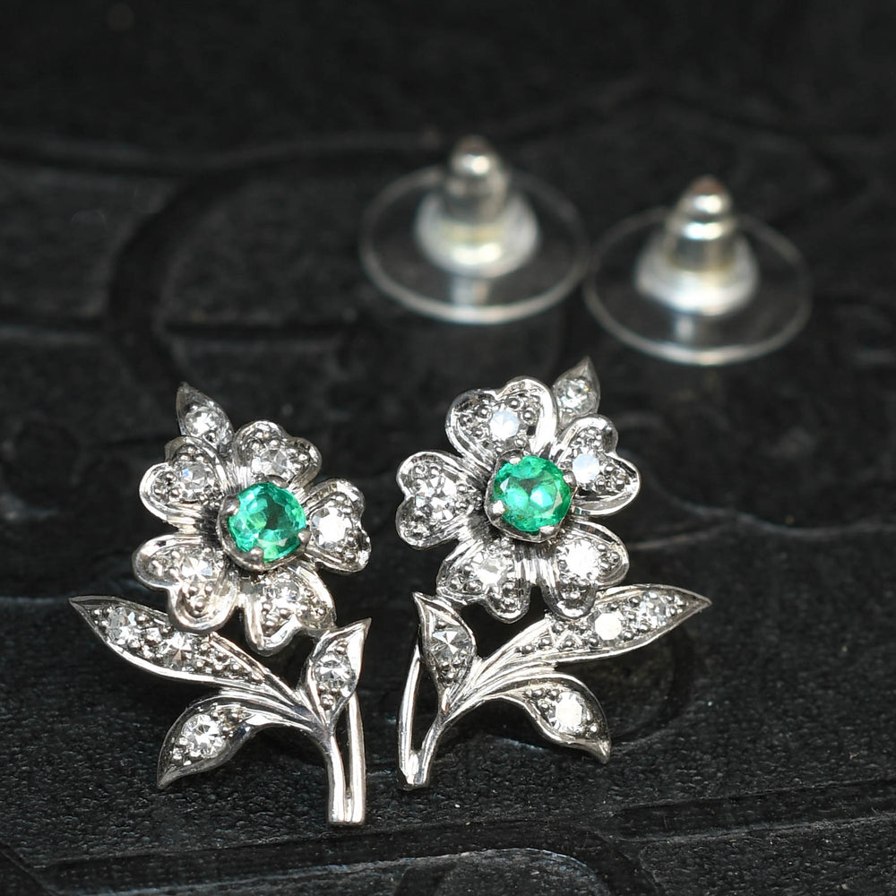 Mid-Century Emerald & Diamond Flower Stud Earrings