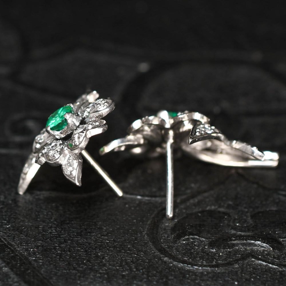 Mid-Century Emerald & Diamond Flower Stud Earrings