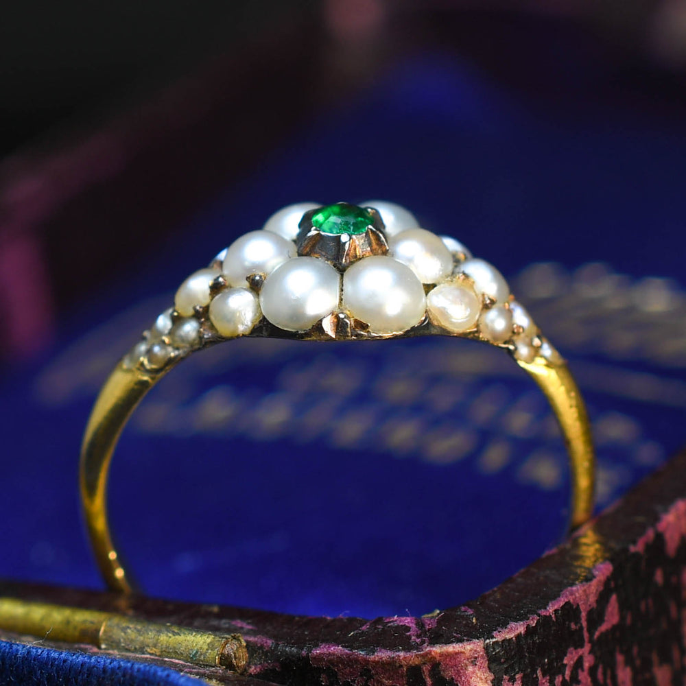 Georgian Emerald & Pearl Cluster Locket Ring