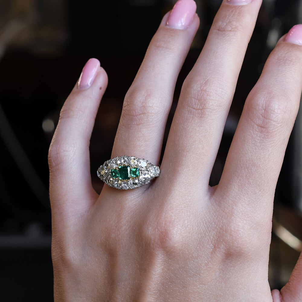 Art Deco Emerald & Diamond Marquise Cluster Ring