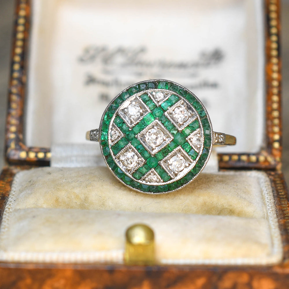 Edwardian Emerald & Diamond Lattice Work Cluster Ring