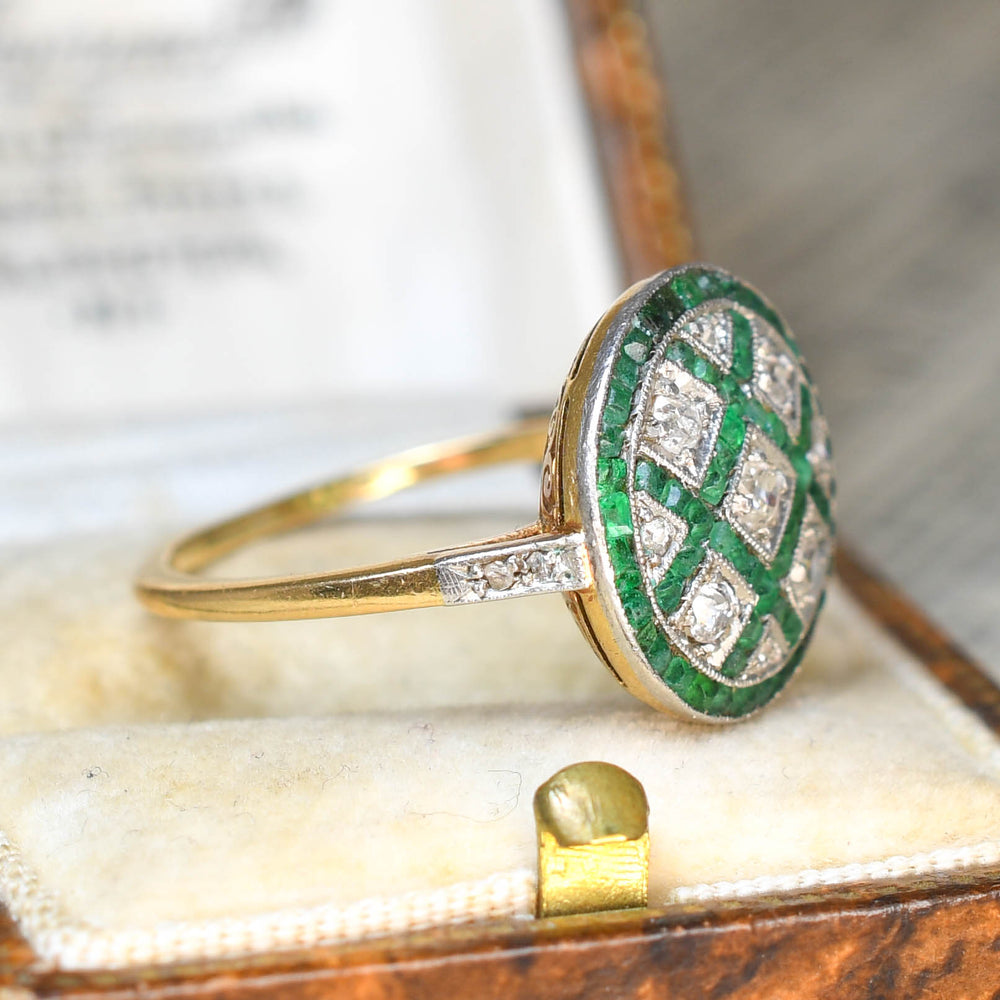 Edwardian Emerald & Diamond Lattice Work Cluster Ring