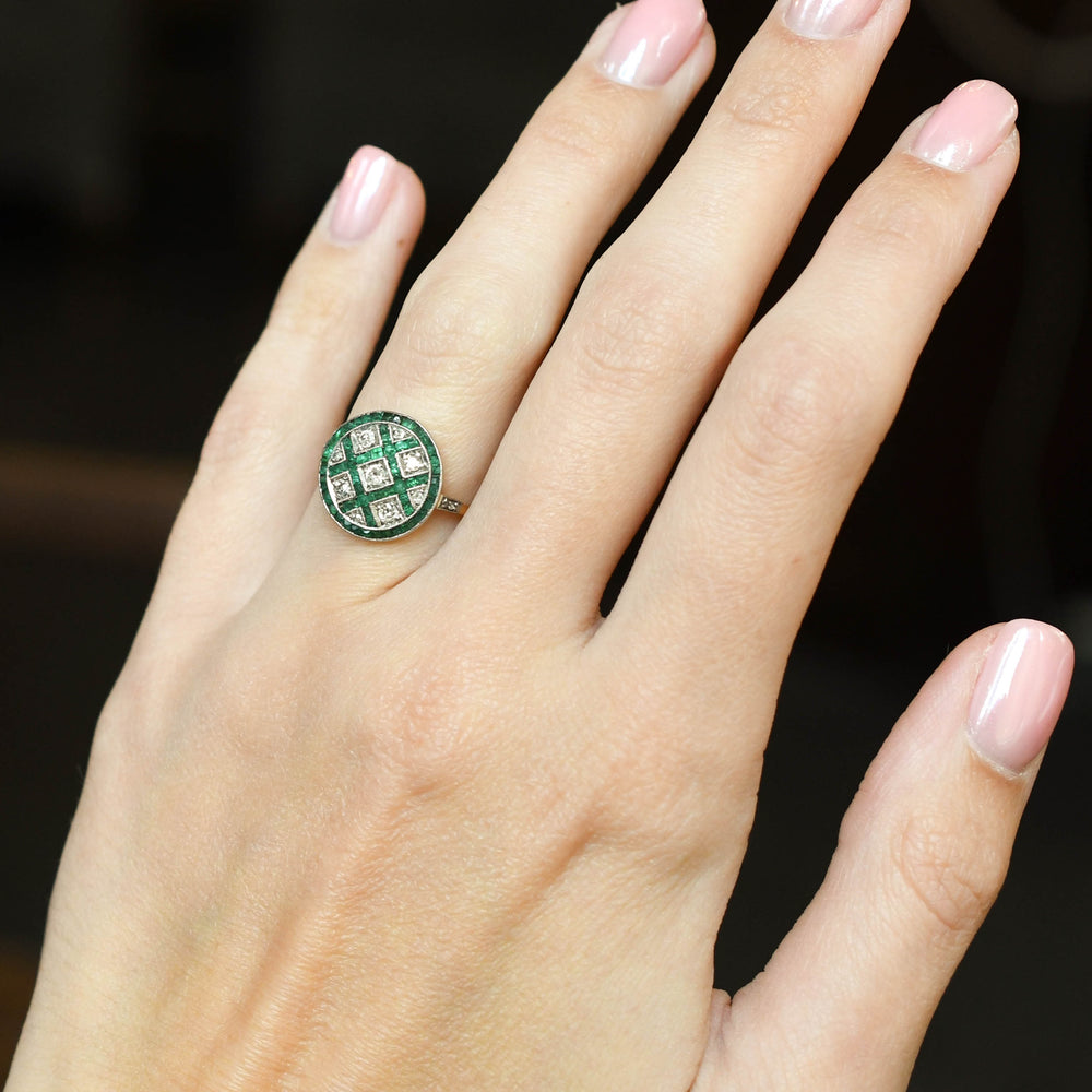 Edwardian Emerald & Diamond Lattice Work Cluster Ring