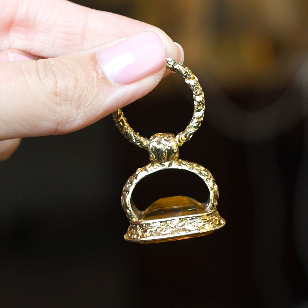 Georgian Citrine 15k Gold Seal Fob & Split Ring